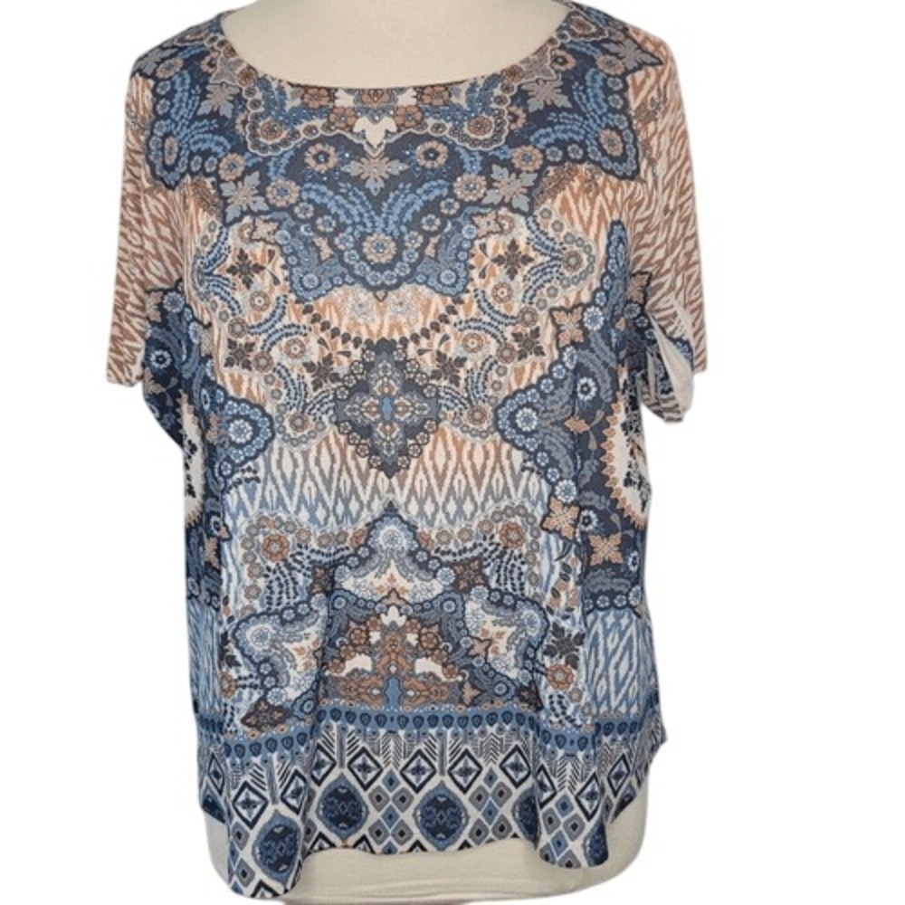 World Unity  Blue and Tan Print Embellished Top‎